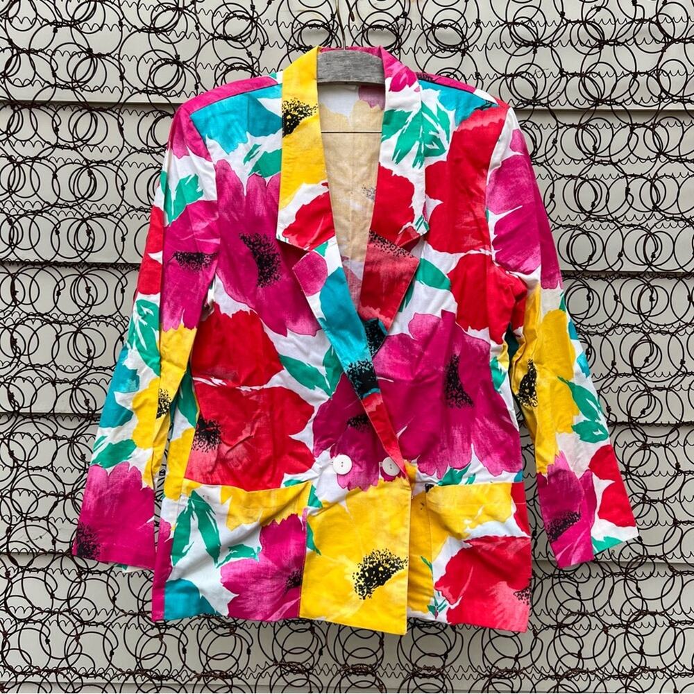 Vintage 90s bold watercolor floral primary color oversize boxy blazer Size 12